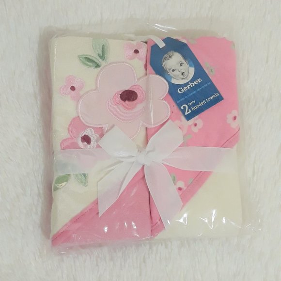 Gerber Baby Girl 2-Pack Floral Certified Standard Terry Hooded Bath Towels ~ NEW - Picture 3 of 4